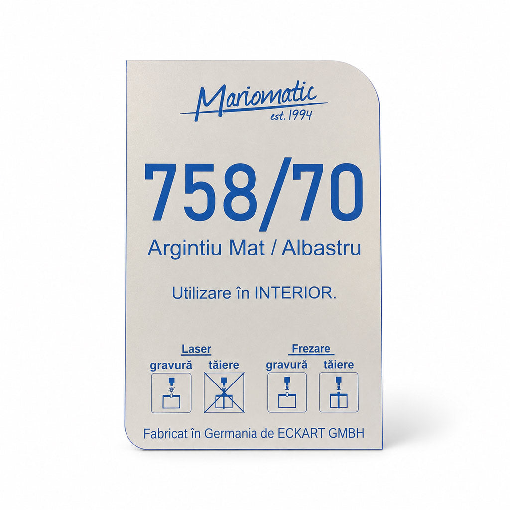 Placă ABS Transply HD 758/70 finisaj argintiu mat cu contrast albastru pentru exterior