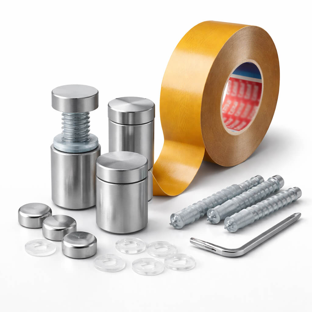 Accesorii montaj si prinderi pentru semnalistica - distantieri inox, suruburi decorative si fixari