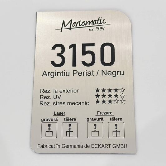 Material Gravura pentru Exterior si Interior Argintiu / Negru. Gravura laser si Gravura Mecanica prin Frezare