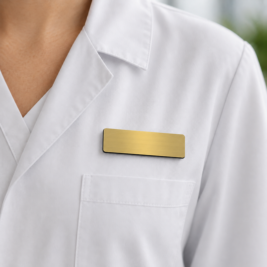 Ecuson dreptunghiular de 75 × 20 mm montat pe uniforma albă a unui cadru medical