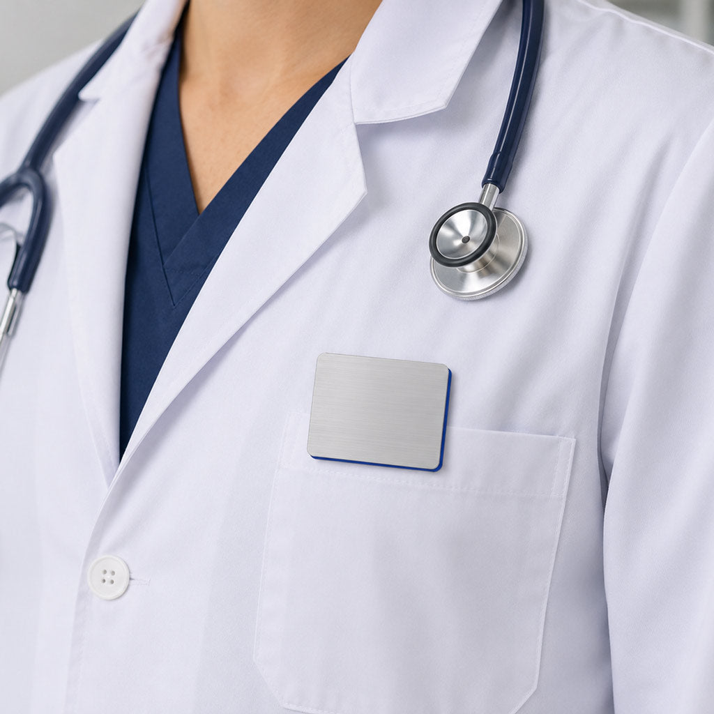 Medic purtând la piept un ecuson negravat 5 × 5,6 cm, argintiu cu strat albastru.