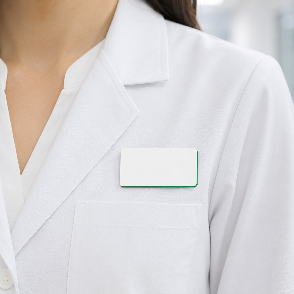 Medic purtând la piept un ecuson negravat 8 × 4 cm, pregătit pentru gravură laser.