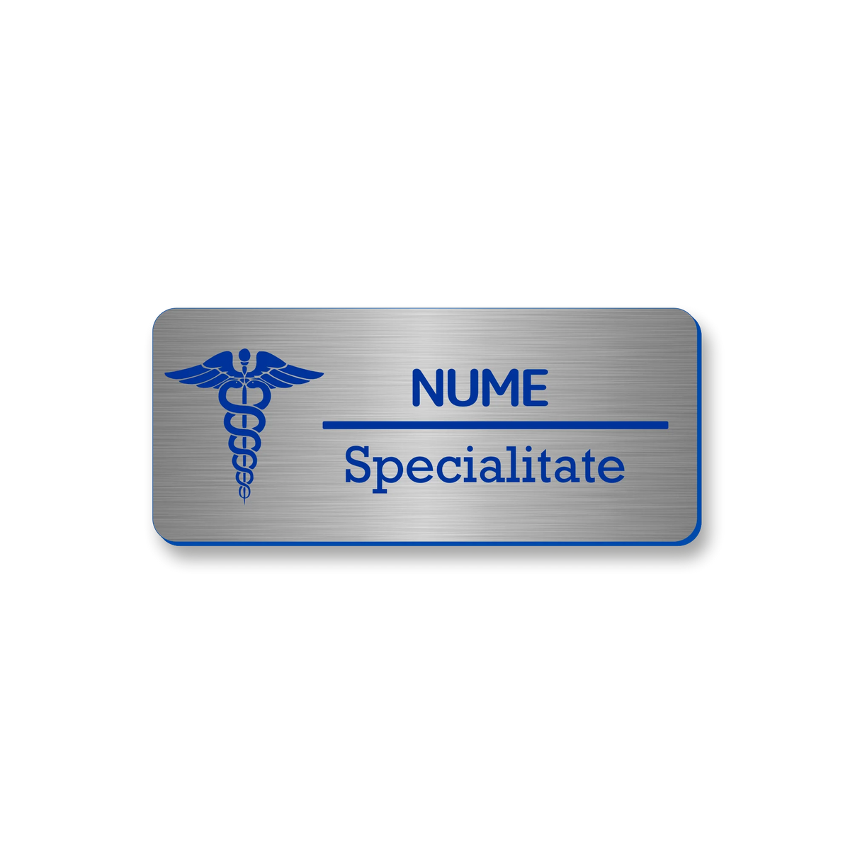 Ecuson personalizat pentru medicina, dimensiune 7x3 cm, culoare argintiu cu gravura albastra