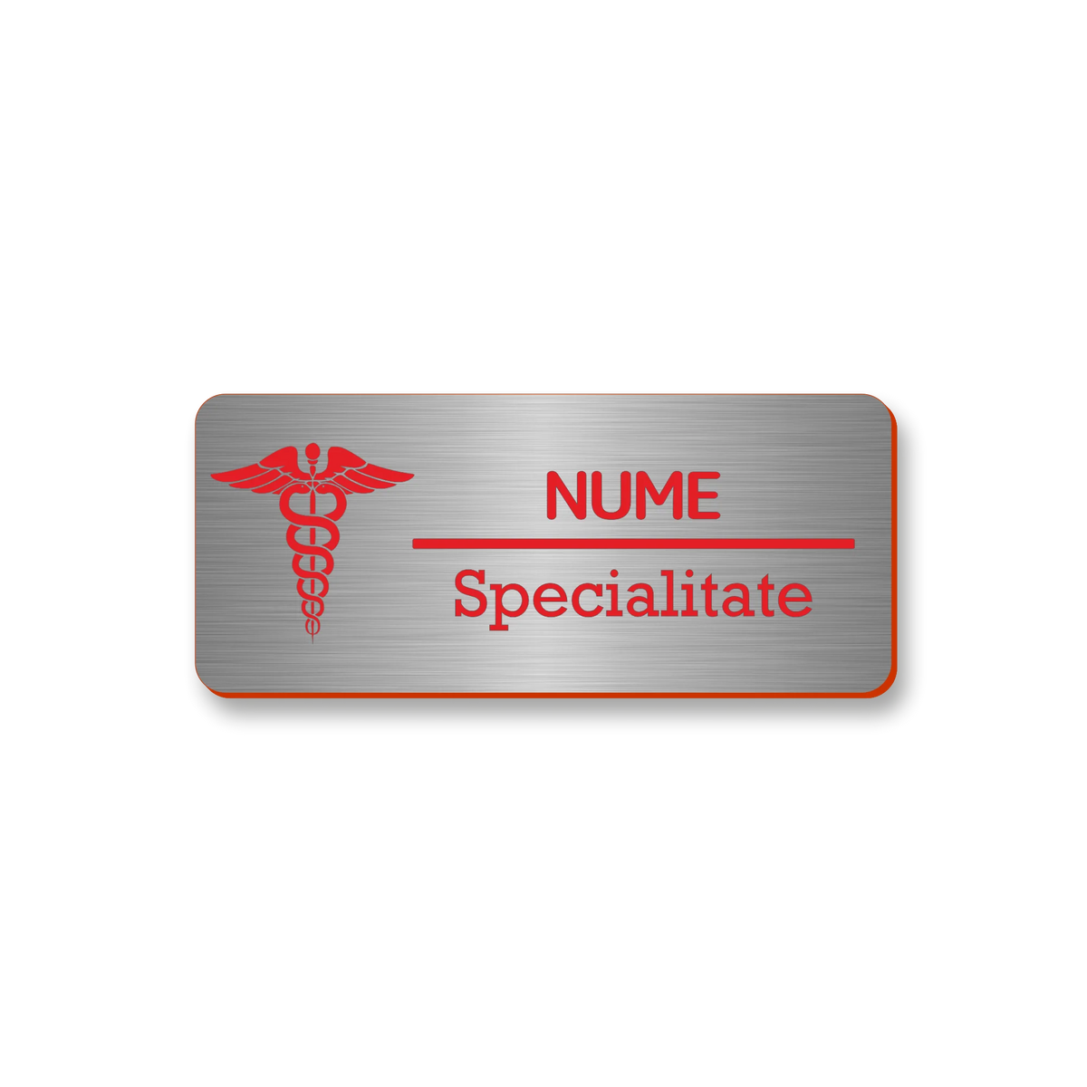 Ecuson personalizat pentru medicina, dimensiune 7x3 cm, culoare argintiu cu gravura rosie