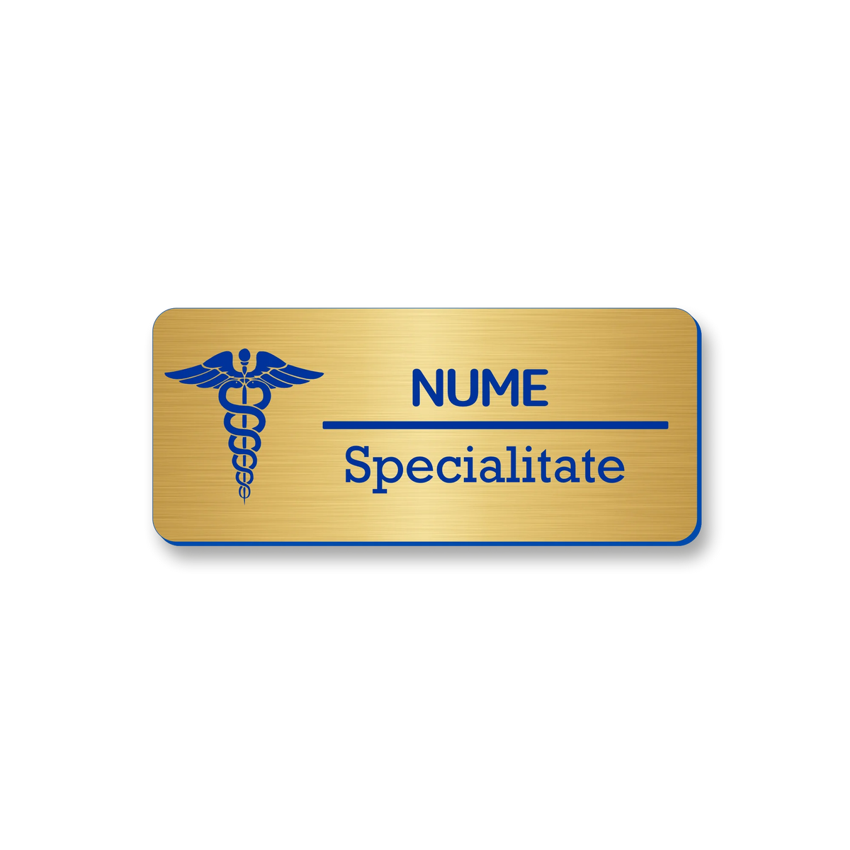 Ecuson personalizat pentru medicina, dimensiune 7x3 cm, culoare auriu cu gravura albastra