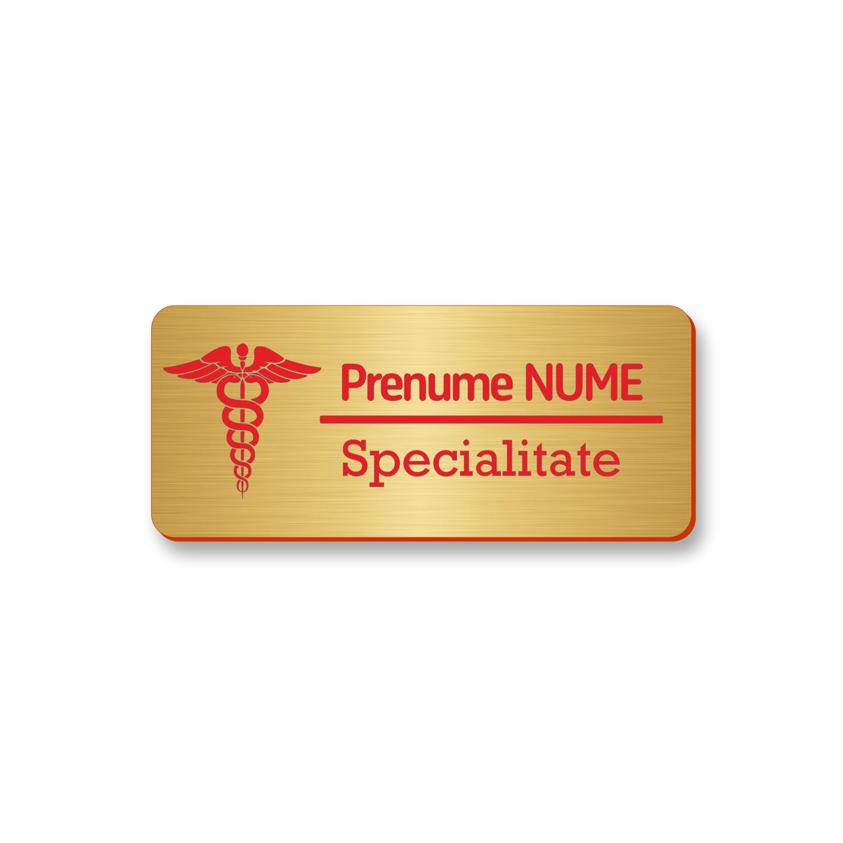 Ecuson personalizat pentru medicina, dimensiune 7x3 cm, culoare auriu cu gravura rosie