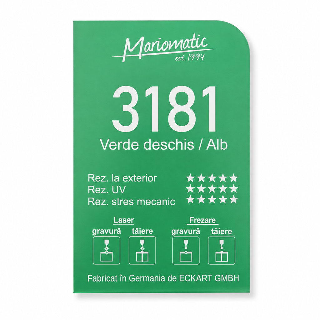 Material acrilic Laserply 3181 verde deschis cu gravură albă rezistent la exterior