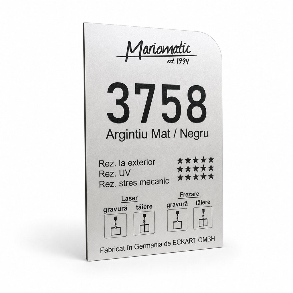 Material gravură Laserply HD 3758 argintiu mat anti-reflexie cu contrast negru