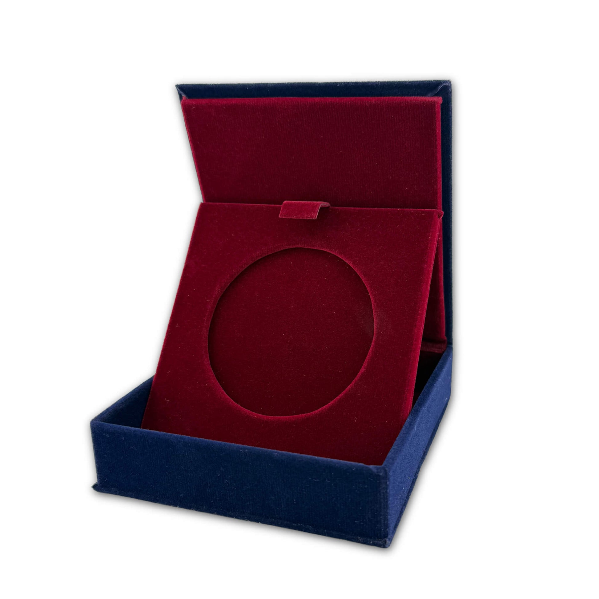 Cutie din catifea pentru medalie 70 mm, interior bordo, exterior albastru inchis, 12 x 12 cm
